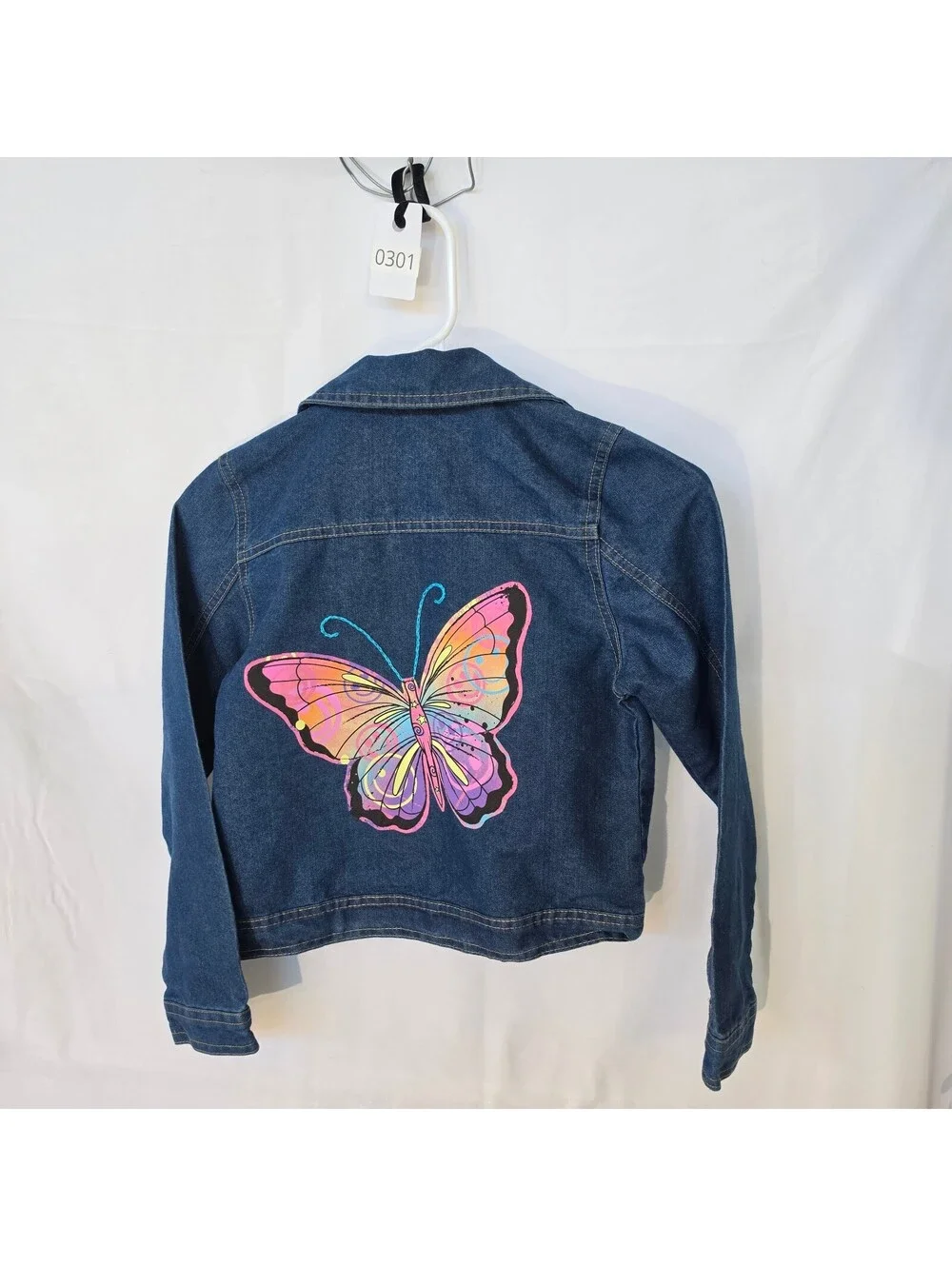 #0301 Picapino Girl's Denim Jacket with Colorful Butterfly Design, Size 10